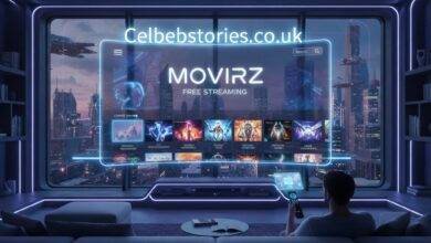 A man sits on a futuristic couch in a high-tech room overlooking a cyberpunk city skyline at night. A large, transparent screen displaying a streaming service interface with the title "MOVIRZ FREE STREAMING" is overlaid on the window. The screen shows rows of movie and TV show thumbnails.