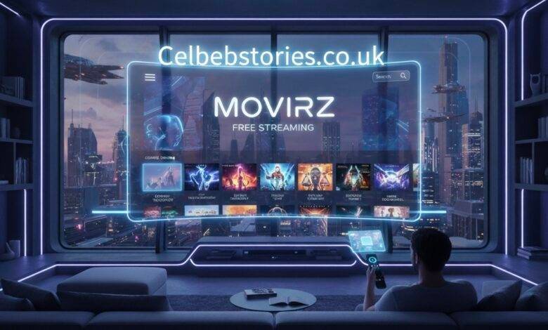 A man sits on a futuristic couch in a high-tech room overlooking a cyberpunk city skyline at night. A large, transparent screen displaying a streaming service interface with the title "MOVIRZ FREE STREAMING" is overlaid on the window. The screen shows rows of movie and TV show thumbnails.