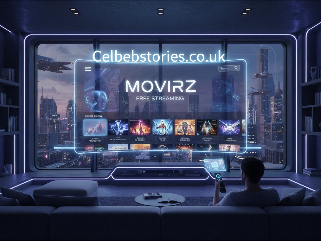 A man sits on a futuristic couch in a high-tech room overlooking a cyberpunk city skyline at night. A large, transparent screen displaying a streaming service interface with the title "MOVIRZ FREE STREAMING" is overlaid on the window. The screen shows rows of movie and TV show thumbnails.