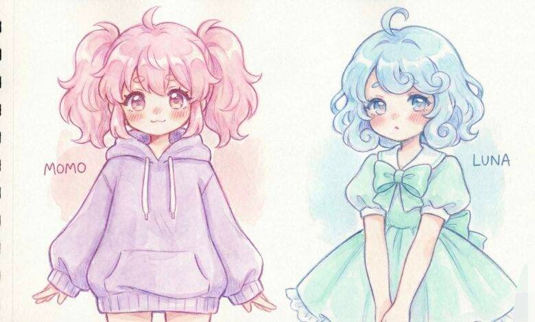 doujen moe character design with pastel colors